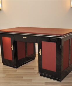 Art Deco Schreibtisch, rotes Leder, Klavierlack