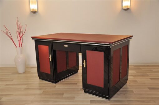 Art Deco Schreibtisch, rotes Leder, Klavierlack