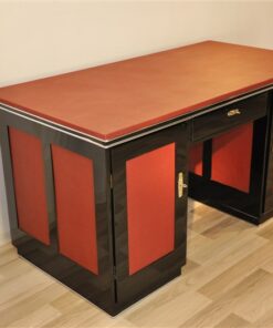 Art Deco Schreibtisch, rotes Leder, Klavierlack