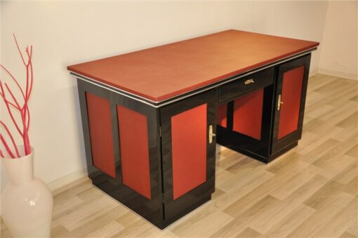 Art Deco Schreibtisch, rotes Leder, Klavierlack