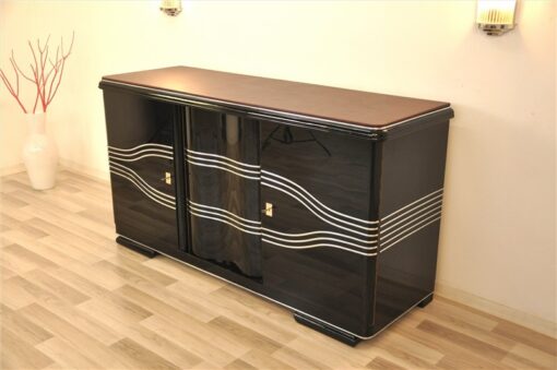 Art Deco Sideboard, Lederplatte, Chromleisten