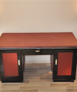 Art Deco Schreibtisch, rotes Leder, Klavierlack