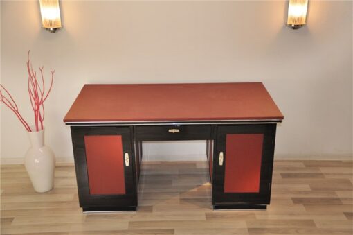 Art Deco Schreibtisch, rotes Leder, Klavierlack