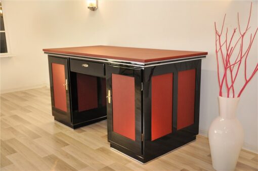 Art Deco Schreibtisch, rotes Leder, Klavierlack