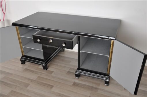 Art Deco Schreibtisch, Hochglanzschwarz, Klassisches Design