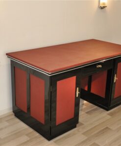 Art Deco Schreibtisch, rotes Leder, Klavierlack