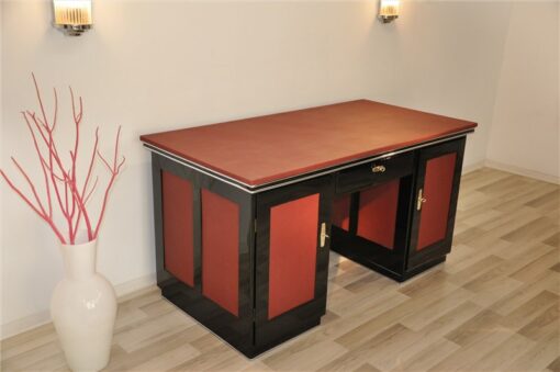 Art Deco Schreibtisch, rotes Leder, Klavierlack