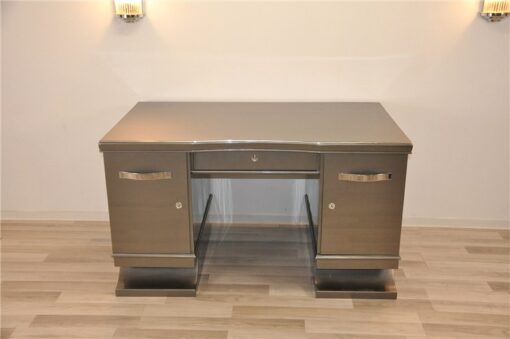 Art Deco Schreibtisch, Metallicgrau, Chromgriffe