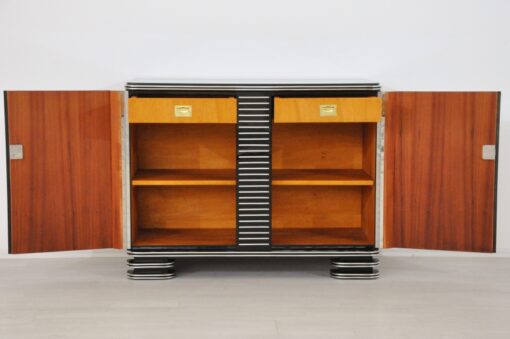 Art Deco Kommode,Brüssel, Treppenfuss, Chrombeschläge & Leisten, Handpoliert & Hochglanz Lackiert, Wohnzimmer, Moebel, Sideboard