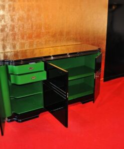 Art Deco Sideboard, Wimbledon, englischer Türschwung, schwarze Hochglanzoberfläche, Leder-Ausziehplatte, 2 Einlegeboeden