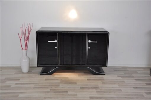 Hochglanz Art Deco Sideboard, Klavierlack, Chromlinien, runde Form, sauberes Innenleben