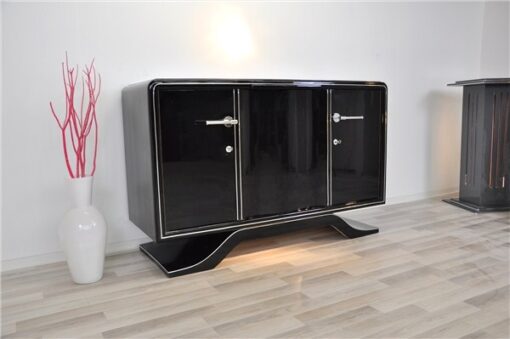 Hochglanz Art Deco Sideboard, Klavierlack, Chromlinien, runde Form, sauberes Innenleben