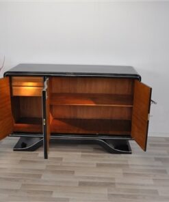Hochglanz Art Deco Sideboard, Klavierlack, Chromlinien, runde Form, sauberes Innenleben