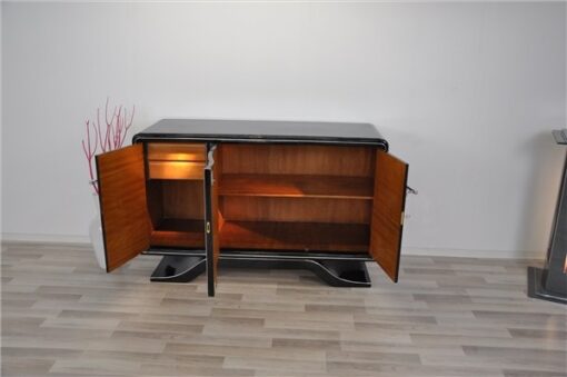Hochglanz Art Deco Sideboard, Klavierlack, Chromlinien, runde Form, sauberes Innenleben