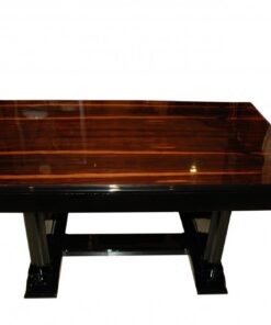Hochglanzschwarzer Art Deco Tisch mit einer Palisanderholzplatte, schönes Palisanderholz, Frankreich 1930, hochwertiger Klavierlack