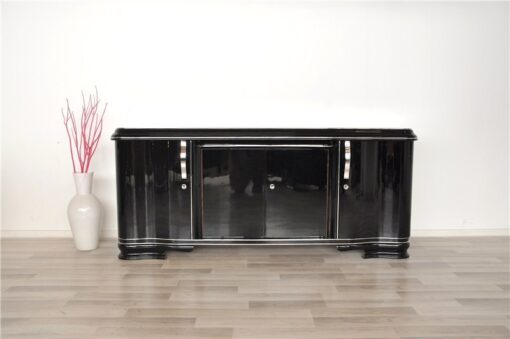 Art Deco Lowboard, Sideboard, großer Auszug, tolle Füße, hochglanzschwarzer Klavierlack, gechwungene Türen