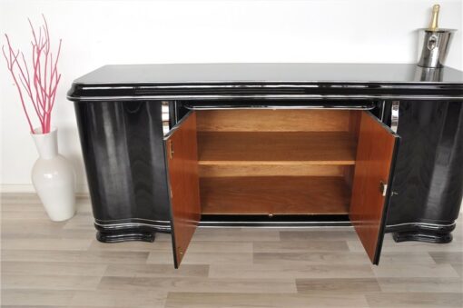 Art Deco Lowboard, Sideboard, großer Auszug, tolle Füße, hochglanzschwarzer Klavierlack, gechwungene Türen