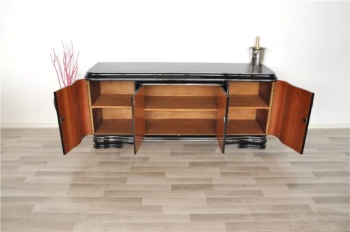 Art Deco Lowboard, Sideboard, großer Auszug, tolle Füße, hochglanzschwarzer Klavierlack, gechwungene Türen