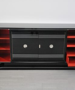 Art Deco Sideboard, Chromliner, rotes Barfach, hochglanz Schwarz, französisches Fußgestell, Design, buffet, wohnzimmer, Bar