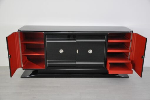 Art Deco Sideboard, Chromliner, rotes Barfach, hochglanz Schwarz, französisches Fußgestell, Design, buffet, wohnzimmer, Bar