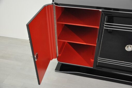 Art Deco Sideboard, Chromliner, rotes Barfach, hochglanz Schwarz, französisches Fußgestell, Design, buffet, wohnzimmer, Bar