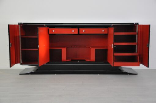 Art Deco Sideboard, Chromliner, rotes Barfach, hochglanz Schwarz, französisches Fußgestell, Design, buffet, wohnzimmer, Bar