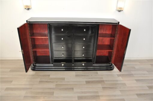 Art Deco Highboard, Schubladen-Sideboard, hochglanzschwarzer Klavierlack, 10 schubladen 1 Tür, viel Stauraum, rotes Innenleben