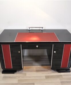 Art Deco Schreibtisch, rote Lederapplikationen, Chromdetails, Original Schlösser, Belgien 1925