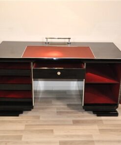 Art Deco Schreibtisch, rote Lederapplikationen, Chromdetails, Original Schlösser, Belgien 1925