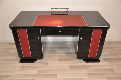 Art Deco Schreibtisch, rote Lederapplikationen, Chromdetails, Original Schlösser, Belgien 1925