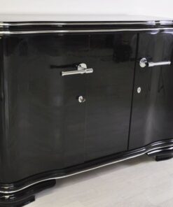 Französisches Art Deco Sideboard, einzigartige Form, hochglanzschwarzer Klavierlack, 1938, geschwungene Flügeltüren