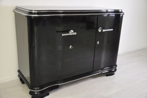 Französisches Art Deco Sideboard, einzigartige Form, hochglanzschwarzer Klavierlack, 1938, geschwungene Flügeltüren