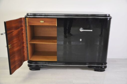 Französisches Art Deco Sideboard, einzigartige Form, hochglanzschwarzer Klavierlack, 1938, geschwungene Flügeltüren