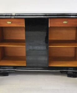 Französisches Art Deco Sideboard, einzigartige Form, hochglanzschwarzer Klavierlack, 1938, geschwungene Flügeltüren