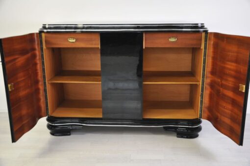 Französisches Art Deco Sideboard, einzigartige Form, hochglanzschwarzer Klavierlack, 1938, geschwungene Flügeltüren