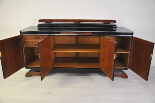 Luxuriöses Art Deco Sideboard, Wurzelholz Details, Ausziehplatte aus Mamor, Hochglanzlack, französische Füße