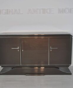 XXL Art Deco Sideboard, Metallic-Grau, geschwungener Fuß, feine Chromdetails, Mahagoni Innenleben, viel Stauraum, eyecatcher