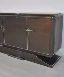 XXL Art Deco Sideboard, Metallic-Grau, geschwungener Fuß, feine Chromdetails, Mahagoni Innenleben, viel Stauraum, eyecatcher