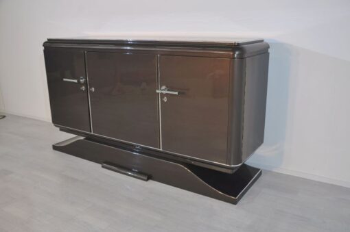 XXL Art Deco Sideboard, Metallic-Grau, geschwungener Fuß, feine Chromdetails, Mahagoni Innenleben, viel Stauraum, eyecatcher