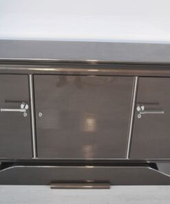 XXL Art Deco Sideboard, Metallic-Grau, geschwungener Fuß, feine Chromdetails, Mahagoni Innenleben, viel Stauraum, eyecatcher