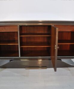 XXL Art Deco Sideboard, Metallic-Grau, geschwungener Fuß, feine Chromdetails, Mahagoni Innenleben, viel Stauraum, eyecatcher