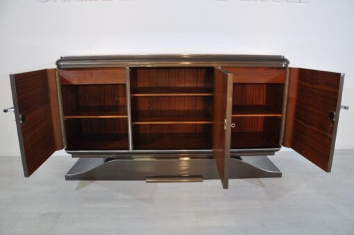 XXL Art Deco Sideboard, Metallic-Grau, geschwungener Fuß, feine Chromdetails, Mahagoni Innenleben, viel Stauraum, eyecatcher