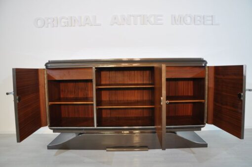 XXL Art Deco Sideboard, Metallic-Grau, geschwungener Fuß, feine Chromdetails, Mahagoni Innenleben, viel Stauraum, eyecatcher