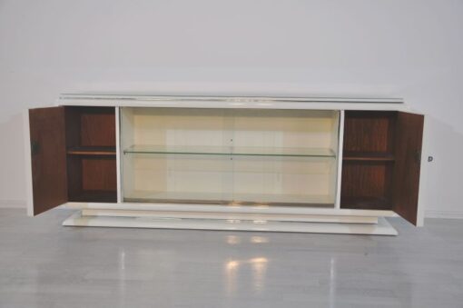 Art Deco Lowboard, Sideboard, Hochglanzweiß, Einlegeboden aus Glas, Chromleisten, Schiebetüren, tolles Design