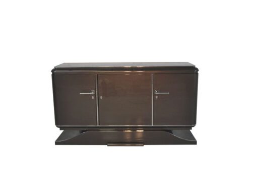 XXL Art Deco Sideboard, Metallic-Grau, geschwungener Fuß, feine Chromdetails, Mahagoni Innenleben, viel Stauraum, eyecatcher