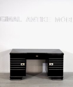 Art Deco Schreibtisch, typische Art Deco Formensprache,feine Chromlinien und massive Chromgriffe, frei im Raum stellbar, Lacobellglasplatte