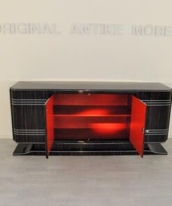 Art Deco, Sideboard, Buffet, Makassar, Groß, Design, Hochglanz, Finish, restauriert, Chrom, Linien, Details, Moebel, Schrank, rotes Innenleben