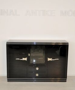 Art Deco Sideboard hochwertiger Klavierlack Hochglanzoberfläche gradliniges Design feine Chromelemente große Vitrinenfach