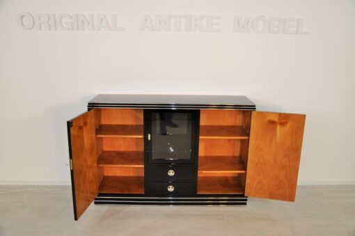 Art Deco Sideboard hochwertiger Klavierlack Hochglanzoberfläche gradliniges Design feine Chromelemente große Vitrinenfach