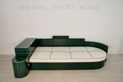 Art Deco, Daybed, Sofa, Bett, Jaguar Racing Green, Chromdetails, Kommode, Antik, Kunstleder Matratze, Creme Weiß, Hellbraun